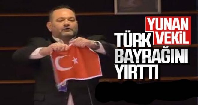 AP'de skandal görüntüler! Yunan vekil Türk bayrağını yırttı